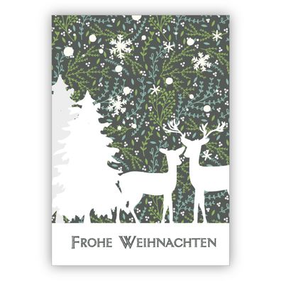 4x Romantische Weihnachtskarte mit Rehen und Wald in grau: Frohe Weihnachten