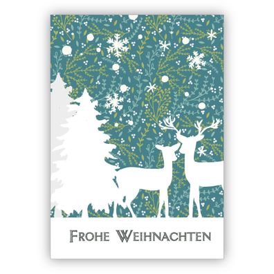 4x Romantische Weihnachtskarte mit Rehen und Wald in blau: Frohe Weihnachten