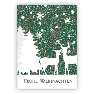 4x Romantische Weihnachtskarte mit Rehen und Wald in grün: Frohe Weihnachten
