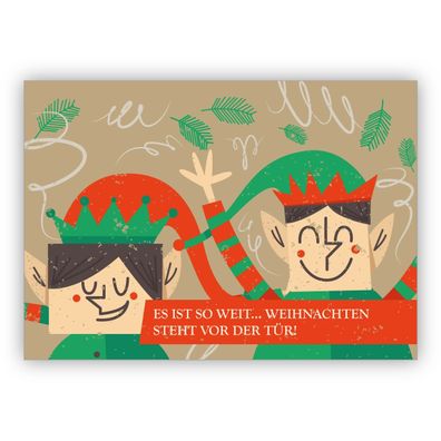Tolle Retro Jubel Weichnachtskarte mit Wichteln: Es ist so weit Weihnachten steht vor