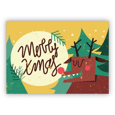 4x Lustige Retro Weihnachtskarte mit Hirsch: Merry Xmas