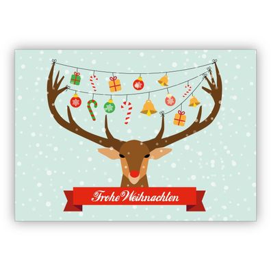 4x Lustige Weihnachtskarte mit geschmücktem Weihnachts Hirsch: Frohe Weihnachten