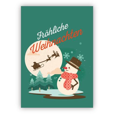 4x Klassische Retro Weihnachtskarte mit Vintage Schneemann und fliegendem Weihnachtsm