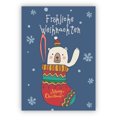4x Niedliche Kinder Weihnachtskarte mit Eisbär in Weihnachts Strumpf: Fröhliche Weihn