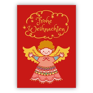 Süße rote Weihnachtskarte mit niedlichem Engel, auch für Kinder: Frohe Weihnachten