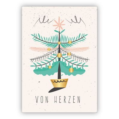 4x Schöne Vintage Geschenk Weihnachtskarte mit Weihnachtsbaum: Von Herzen