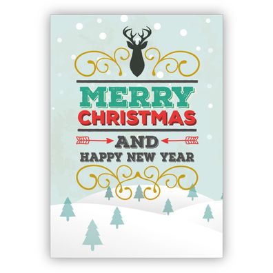 Edle typografische Retro Weihnachtskarte mit Hirsch: Merry Christmas and happy new ye