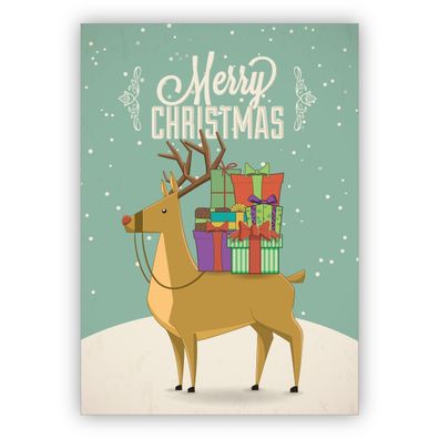Süße Retro Weihnachtskarte mit Geschenke tragendem Rentier: Merry Christmas