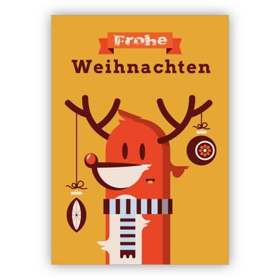 4x Lustige Retro Weihnachtskarte mit geschmücktem Rentier mit Schal: Frohe Weihnachte