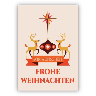 Edle Retro Designer Weihnachtskarte mit Rentieren und Stern: Wir wünschen frohe Weihn