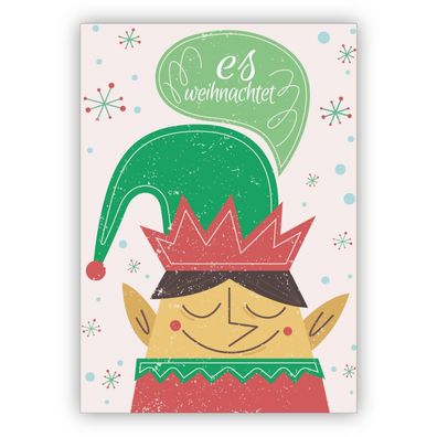 4x Süße Retro Wichtel, Elfen Weihnachtskarte: Es weihnachtet