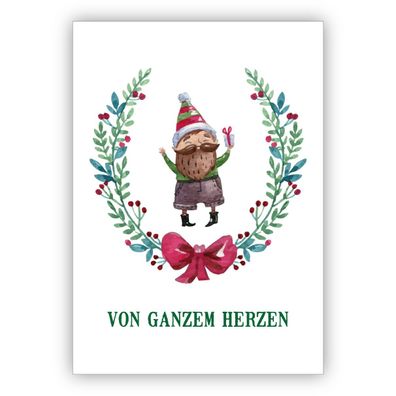 4x Süße handgemalte Weihnachtskarte mit Weihnachtskranz und Geschenke Wichtel: Von ga