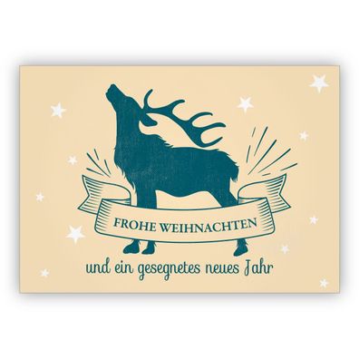 4x Coole Retro Weihnachtskarte mit röhrendem Hisch: Frohe Weihnachten und ein gesegne