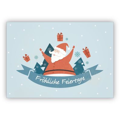 4x Süße Retro Weihnachtskarte mit Geschenke bringendem Weihnachtsmann: Fröhliche Feie