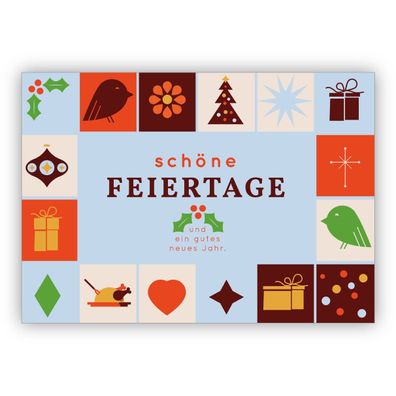 Moderne grafische Weihnachtskarte mit Retro Weihnachtselementen: schöne Feiertage und