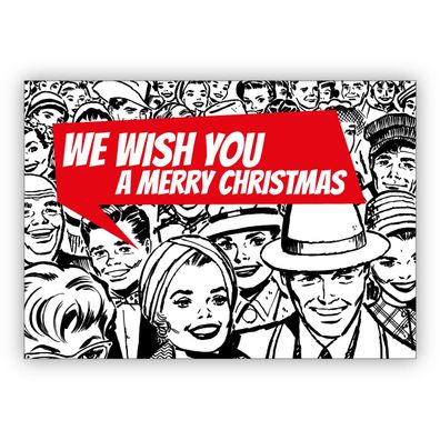 4x Coole Retro Pop Art Weihnachtskarte im 50er Jahre Stil: We wish you a merry christ