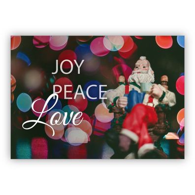 4x Poppige moderne Foto Weihnachtskarte mit Santa Claus: Joy Peace Love