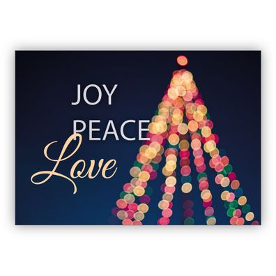 4x Poppige moderne Foto Weihnachtskarte mit Glitzer Weihnachtsbaum: Joy Peace Love