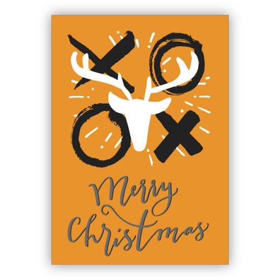 4x Coole Weihnachtskarte mit Hirsch und Küssen: Merry Christmas auf braun
