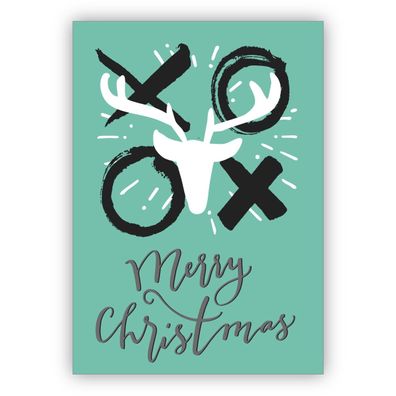 4x Coole Weihnachtskarte mit Hirsch und Küssen: Merry Christmas auf türkis