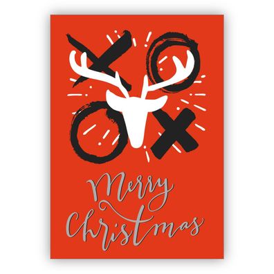 Coole Weihnachtskarte mit Hirsch und Küssen: Merry Christmas auf rostrot