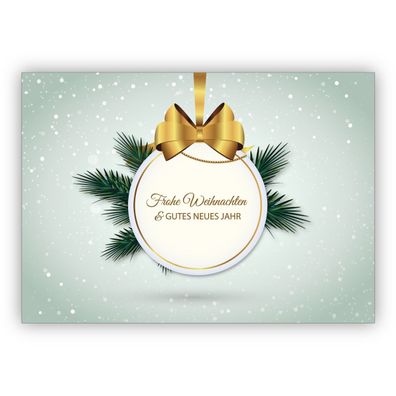 Elegante Weihnachtskarte mit Weihnachtskugel und Tannengrün: Frohe Weihnachten & gute