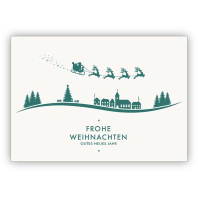 Schöne helle Weihnachtskarte mit fliegendem Schlitten über Weihnachts Landschaft: Fro