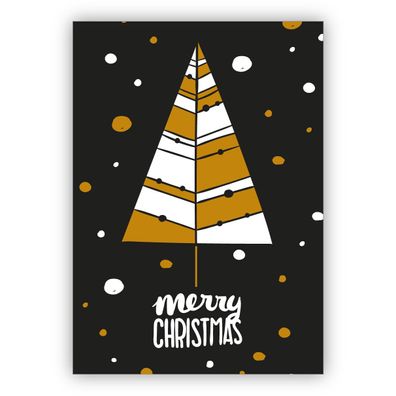 4x Edle englische, moderne Retro Weihnachtskarte mit Weihnachtsbaum: Merry Christmas