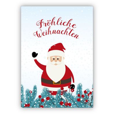 Süße Weihnachtskarte mit winkendem Weihnachtsmann: Fröhliche Weihnachten