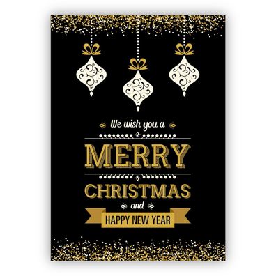 4x Edle schwarze Weihnachtskarte mit Weihnachtskugeln und gold Glitter Optik: We wish