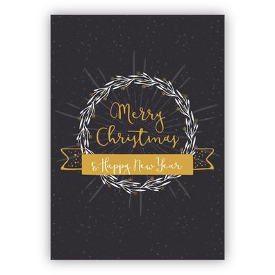 Edle englische Weihnachtskarte mit Kranz und Ornamenten auch zu Silvester: Merry Chri