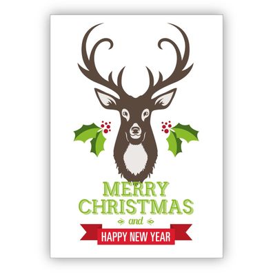 4x Tolle Hirsch Weihnachtskarte mit Glückwünschen: Merry Christmas and happy new year