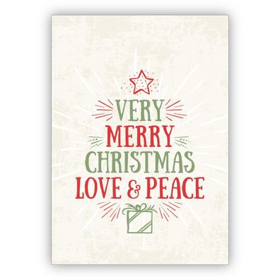 4x Elegante englische Weihnachtskarte mit Schrift als Weihnachtsbaum: Very merry Chri