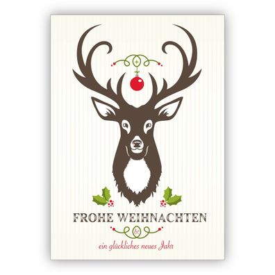 Klassische Weihnachtskarte mit Hirsch und Ornamenten auf feinen Streifen: Frohe Weihn