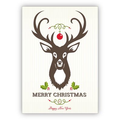 Klassische Weihnachtskarte mit Hirsch und Ornamenten auf feinen Streifen: Merry Chris