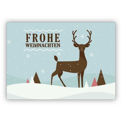 Elegante Retro Weihnachtskarte mit Hirsch in Schnee Landschaft: Frohe Weihnachten