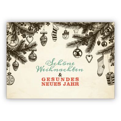 4x Entzückende handgemalte Weihnachtskarte mit Vintage Ornamenten: Schöne Weihnachten