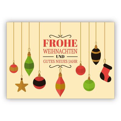 4x Schöne beige Weihnachtskarte mit Retro Weihnachtsbaum Schmuck: Frohe Weihnachten u
