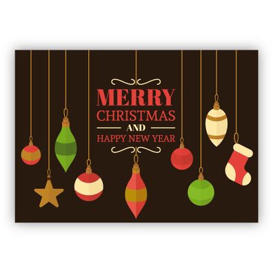 4x Edle braune englische Weihnachtskarte mit Retro Weihnachtsbaum Schmuck: Merry Chri
