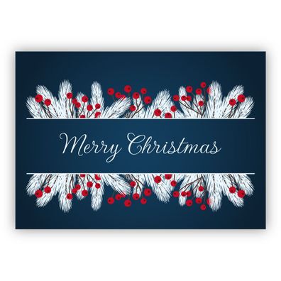 Schicke blaue Weihnachtskarte mit eisigen roten Beeren: Merry Christmas