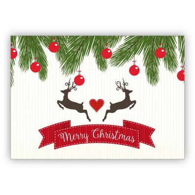 4x Klassische Weihnachtkarte mit Herz, Weihnachtskugeln und Hirschen: Merry Christmas