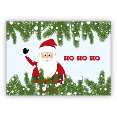 Niedliche Weihnachtskarte mit winkenden Weihnachtsmann im Wald: Ho Ho Ho