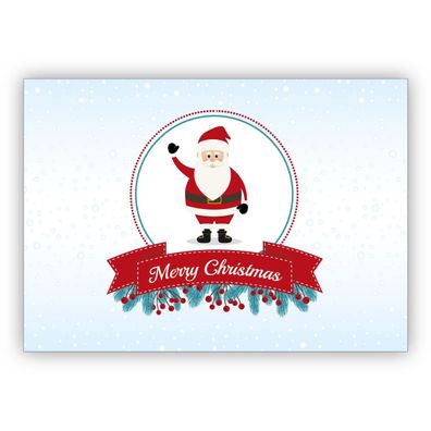 Niedliche Weihnachtskarte mit Weihnachtsmann in Schneekugel Optik: Merry Christmas