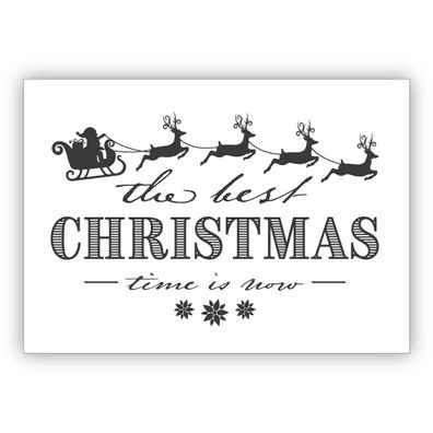 4x Wunderschöne Vintage Weihnachtskarte mit Retro Weihnachtsmann Schlitten und Rentie