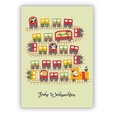 4x Lustige Weihnachtskarte mit Weihnachts Eisenbahn und Weihnachtsmann in der Lokomot