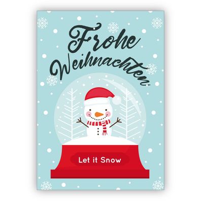Niedliche Weihnachtskarte mit glücklichem Schneemann in Schneekugel: Frohe Weihnachte