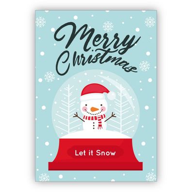 4x Niedliche Weihnachtskarte mit glücklichem Schneemann in Schneekugel: Merry Christm
