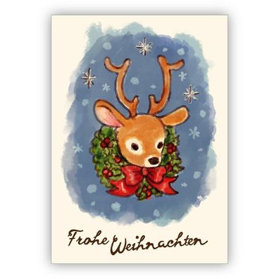 4x Süße 50er Jahre Retro Vintage Weihnachtskarte mit kleinem Hirsch: Frohe Weihnachte