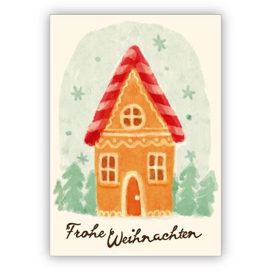 4x Süße 50er Jahre Retro Vintage Weihnachtskarte mit Lebkuchen Haus: Frohe Weihnachte