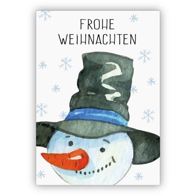 4x Niedliche gemalte Weihnachtskarte mit fröhlichem Schneemann: Frohe Weihnachten